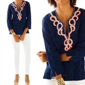 Lilly Pulitzer Blue Amelia Island Tunic with Pink Embroidery